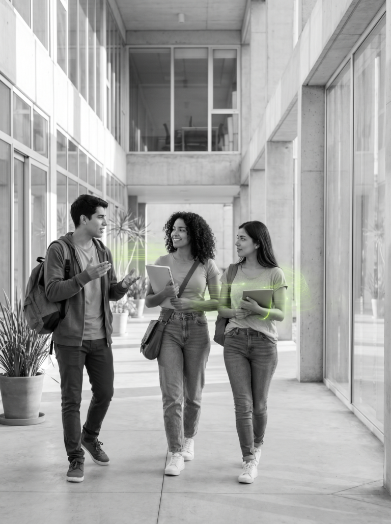 Tres estudiantes universitarios latinoamericanos caminan y conversan en el pasillo de un campus moderno. Uno de ellos gesticula mientras habla; las otras dos escuchan con atención, una sostiene una libreta y la otra una tablet con un destello de luz verde que sugiere tecnología aplicada al aprendizaje.