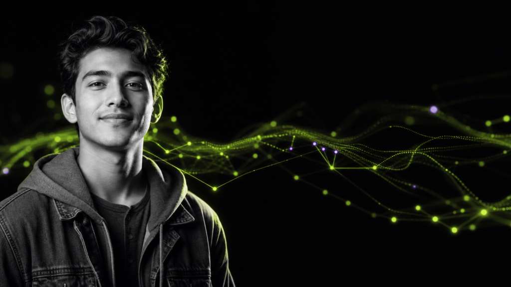 Estudiante universitario latinoamericano frente a una red luminosa de inteligencia artificial en verde volt y púrpura — TecnIA, una operación de IA que educa