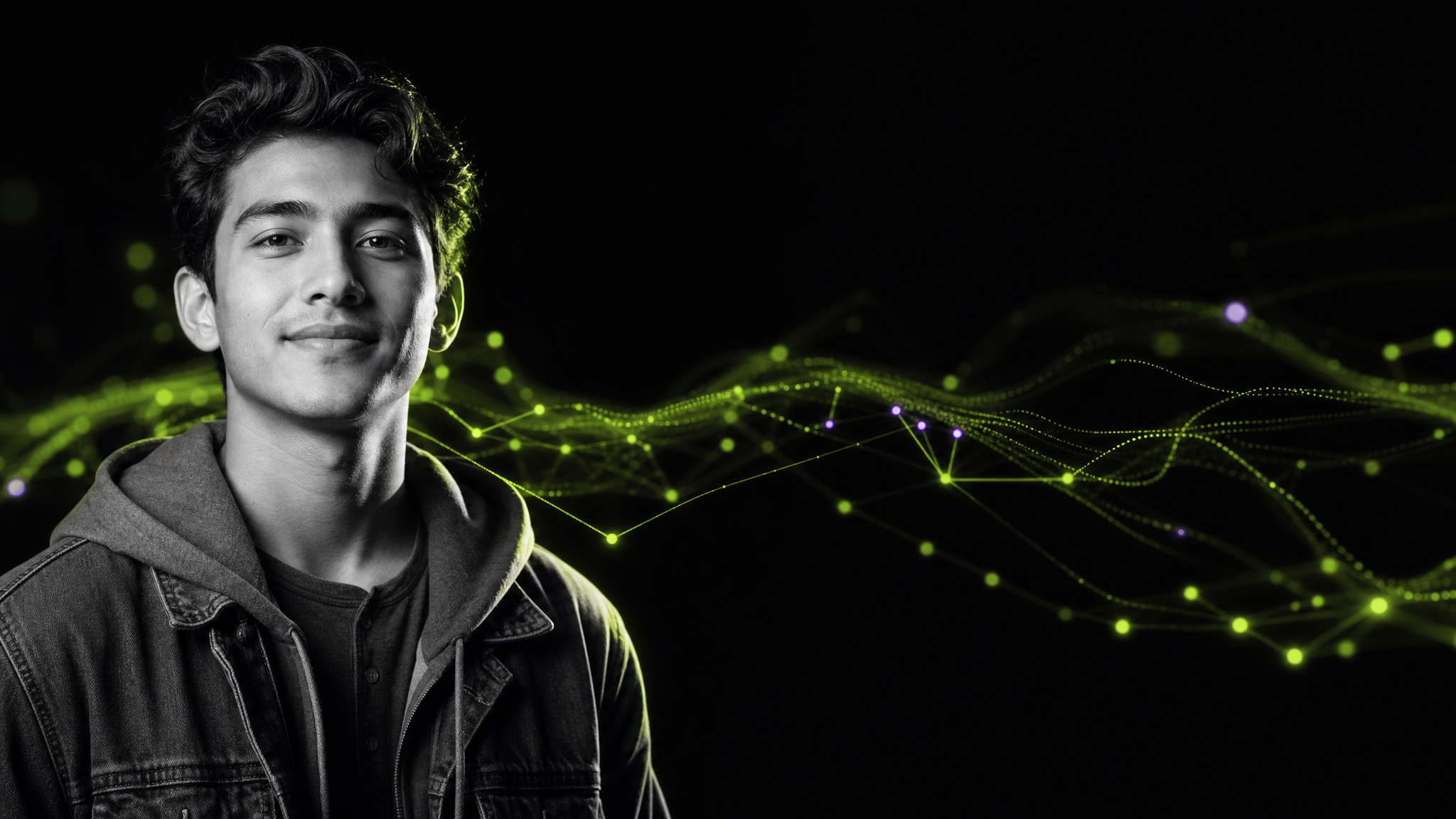 Estudiante universitario latinoamericano frente a una red luminosa de inteligencia artificial en verde volt y púrpura — TecnIA, una operación de IA que educa