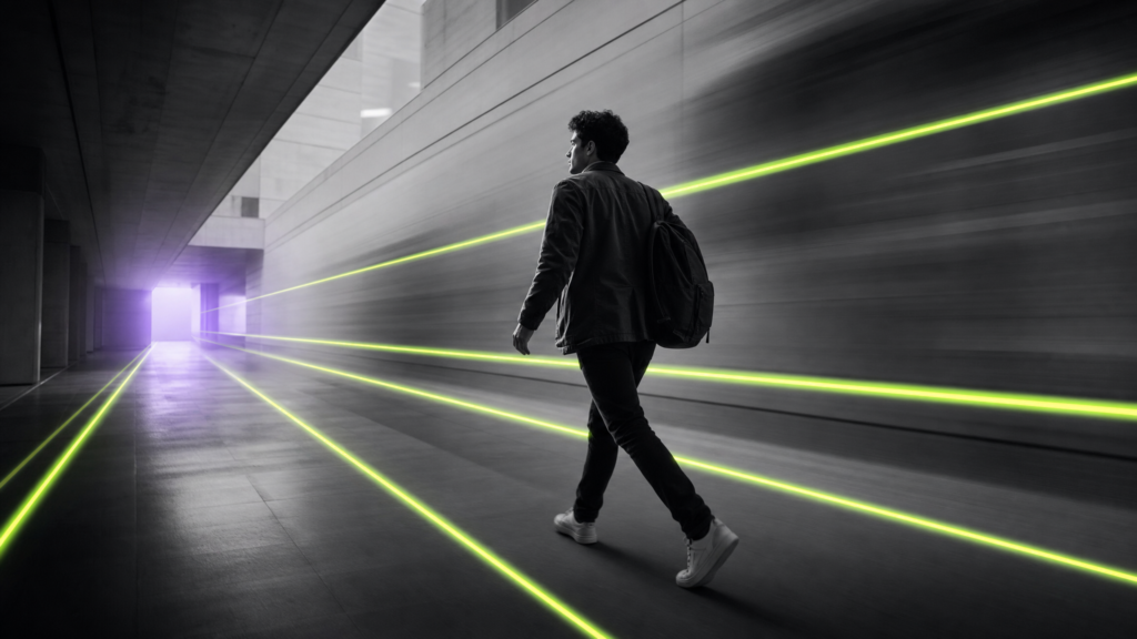 Joven profesionista avanzando hacia adelante con líneas de luz verde volt — licenciaturas de 2 años de TecnIA Universidad