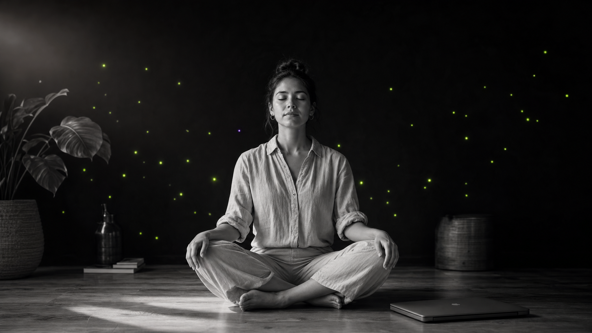 Estudiante en calma meditando con su laptop cerrada, partículas digitales a distancia — bienestar obligatorio en TecnIA Universidad