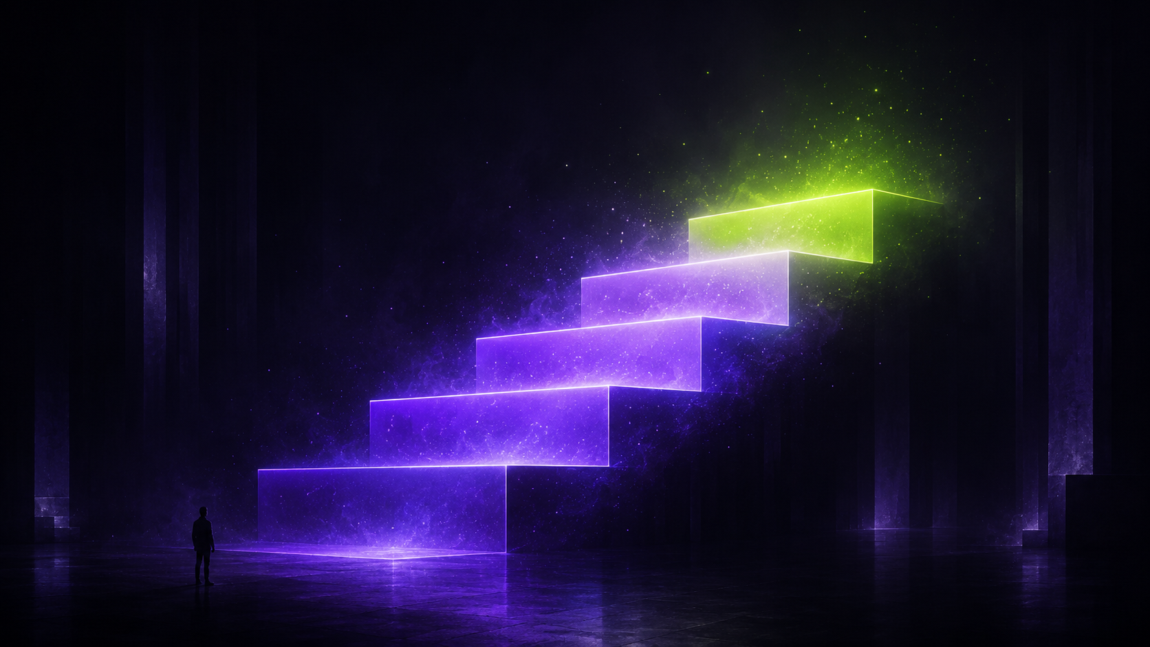 Escalera de luz ascendente de púrpura a verde volt: los cinco niveles de uso de inteligencia artificial en la evaluación universitaria.