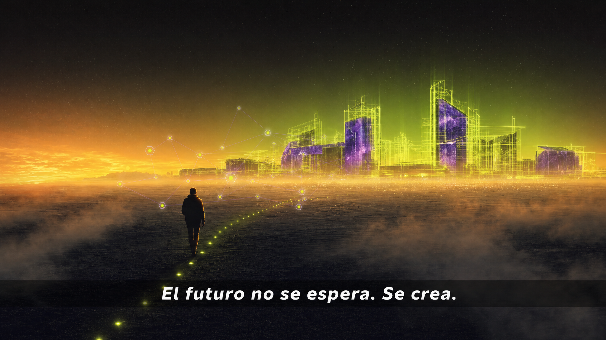 Amanecer sobre una ciudad-campus construida con líneas de luz; una persona camina por un sendero hacia ella.