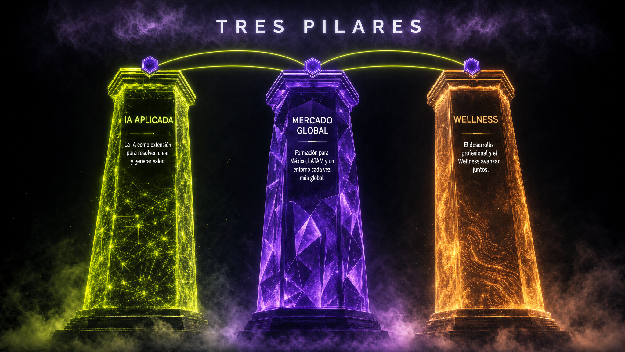 Tres pilares luminosos —IA aplicada, mercado global y Wellness— unidos en la parte superior.