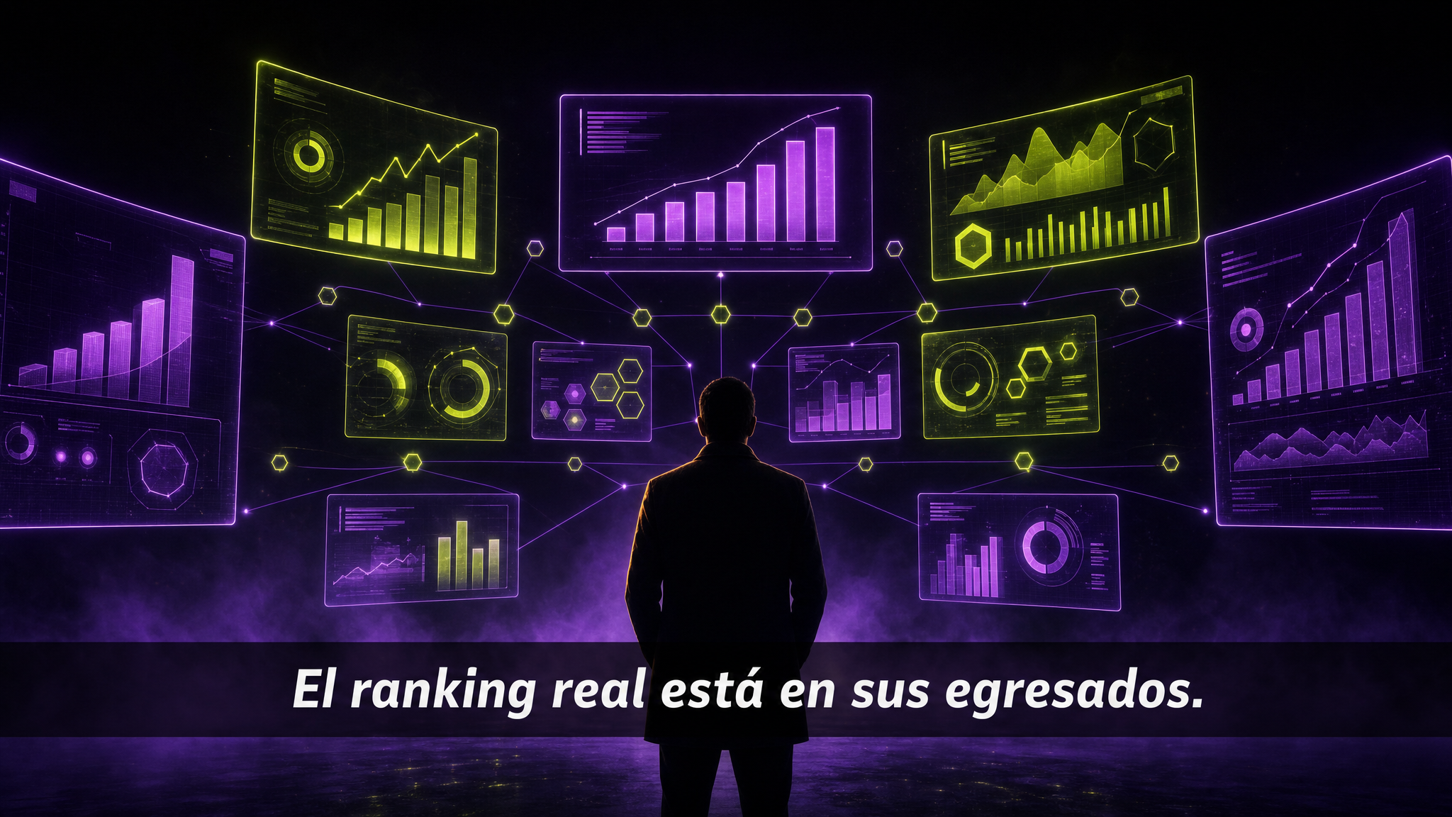Una persona de espaldas frente a un muro de tableros holográficos con métricas y gráficas de empleabilidad.