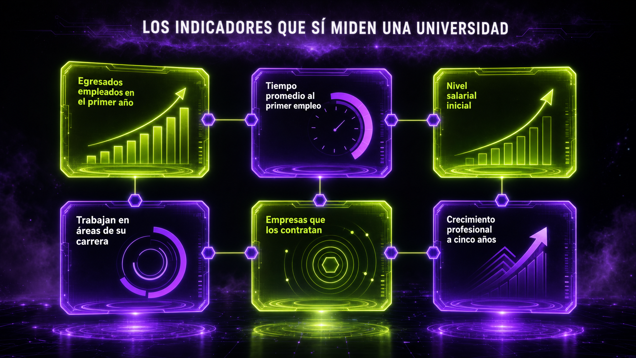 Seis paneles luminosos con los indicadores de empleabilidad que deberían medir a una universidad.