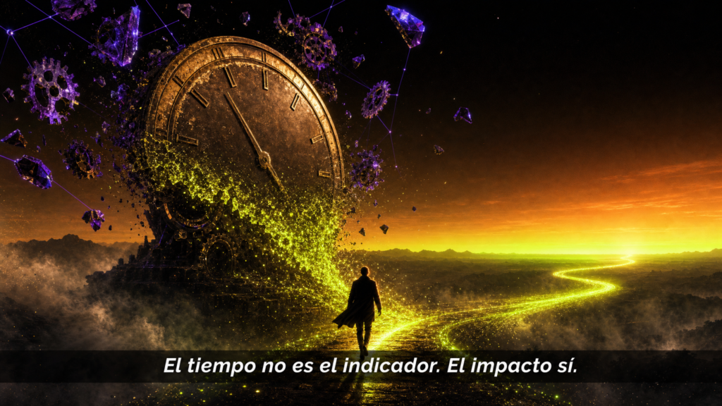 Un reloj monumental que se deshace en partículas de luz que forman un camino hacia un amanecer; una persona camina hacia él.