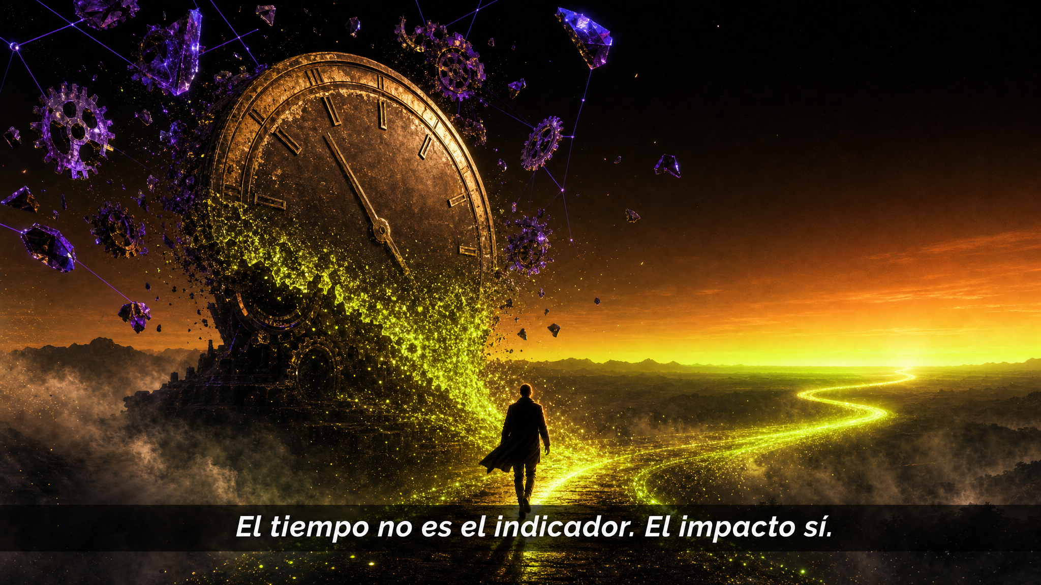 Un reloj monumental que se deshace en partículas de luz que forman un camino hacia un amanecer; una persona camina hacia él.