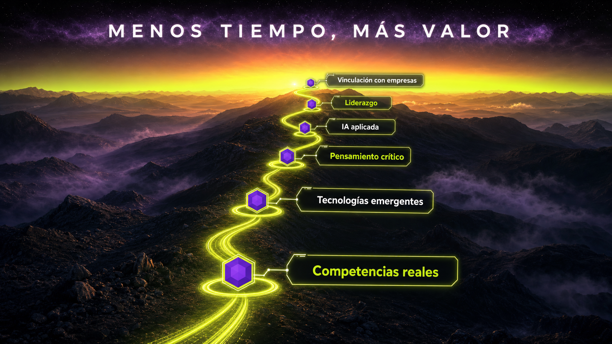 Un camino ascendente con seis hitos luminosos: competencias reales, tecnologías emergentes, pensamiento crítico, IA aplicada, liderazgo y vinculación con empresas.