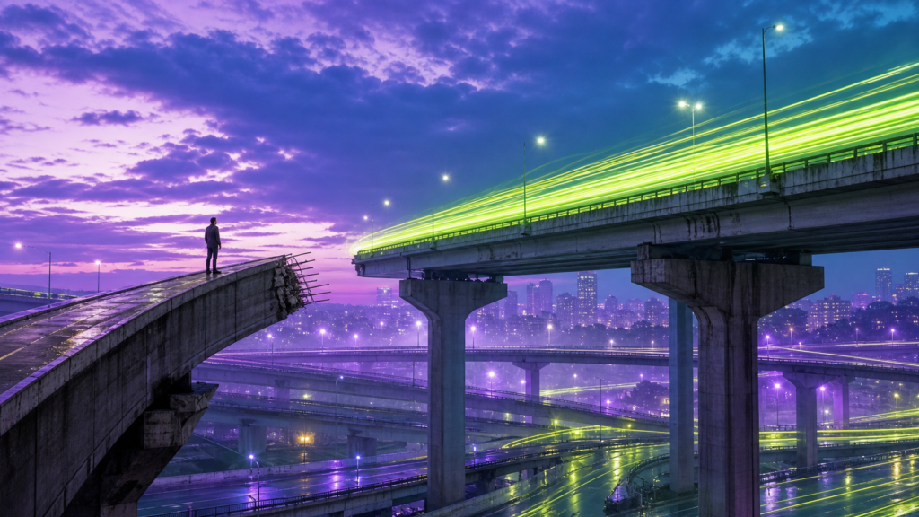 Ilustración cinematográfica al amanecer: una autopista elevada llena de luz verde sigue fluyendo mientras la rampa de acceso termina cortada en el aire con las varillas expuestas, y una persona de pie en el borde roto mira hacia el tráfico que no puede alcanzar; abajo, una ciudad iluminada y varios intercambios en pleno funcionamiento.