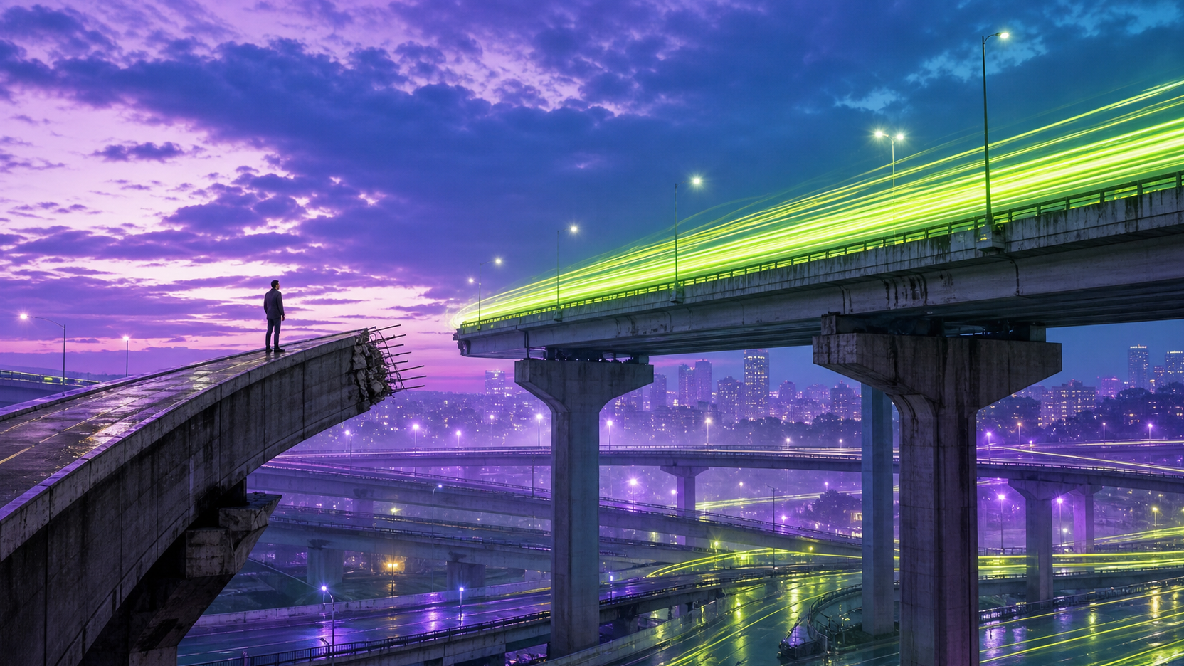 Ilustración cinematográfica al amanecer: una autopista elevada llena de luz verde sigue fluyendo mientras la rampa de acceso termina cortada en el aire con las varillas expuestas, y una persona de pie en el borde roto mira hacia el tráfico que no puede alcanzar; abajo, una ciudad iluminada y varios intercambios en pleno funcionamiento.
