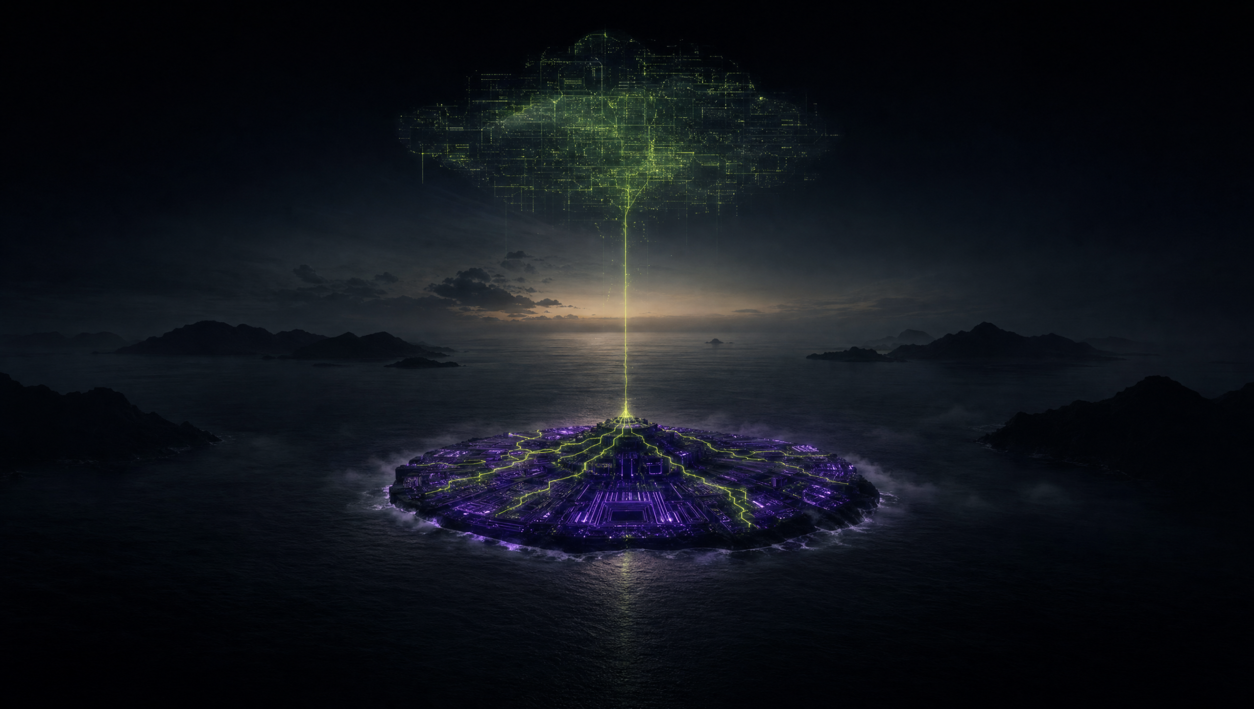 Ilustración cinematográfica: una isla con forma de chip de silicio en un océano oscuro, conectada por un delgado hilo de luz a una nube holográfica que depende de ella — la IA no vive en la nube, vive en una isla.