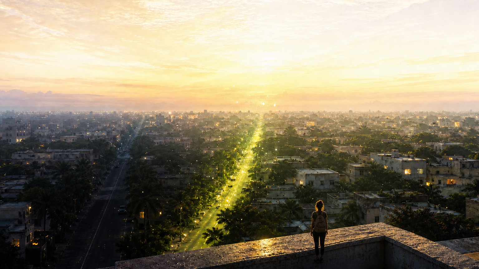 Joven estudiante al amanecer mira una ciudad mexicana donde una avenida se ilumina — elegir el lado donde la IA trabaja contigo