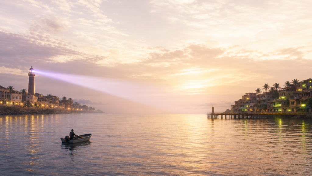 Dos orillas al amanecer: un faro encendido barre una costa mientras la otra, habitada y con luces encendidas, no tiene faro — la supervisión de la IA existe, pero no en ambas orillas
