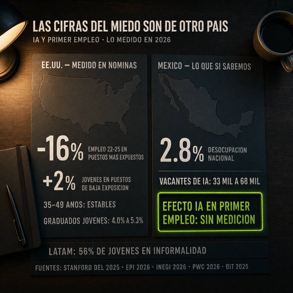 Infografía: las cifras del miedo son de otro país — EE.UU. medido en nóminas (-16% en puestos expuestos, +2% baja exposición) vs México (2.8% desocupación, vacantes de IA duplicadas, efecto en primer empleo sin medición) y LATAM 56% informalidad juvenil