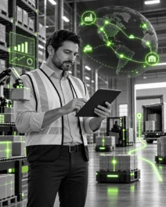 Hombre ingeniero supervisando operaciones logísticas con una tableta en un almacén automatizado, con robots y gráficos holográficos en Verde Volt sobre un entorno monocromático.