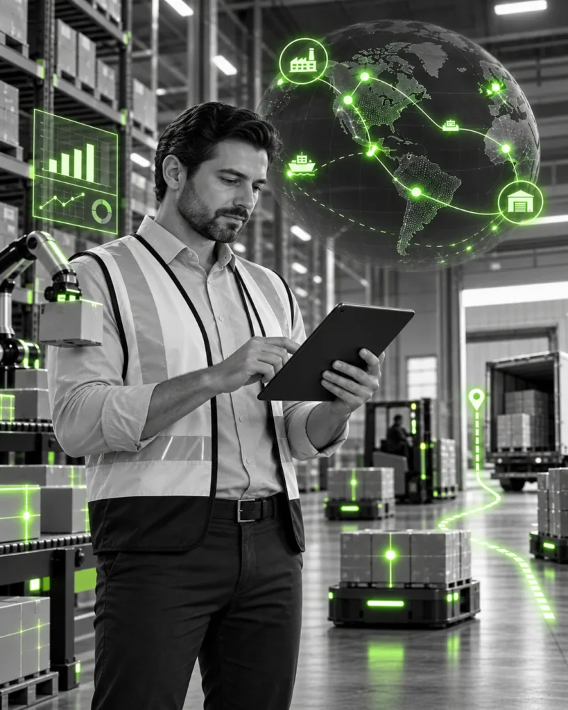 Hombre ingeniero supervisando operaciones logísticas con una tableta en un almacén automatizado, con robots y gráficos holográficos en Verde Volt sobre un entorno monocromático.