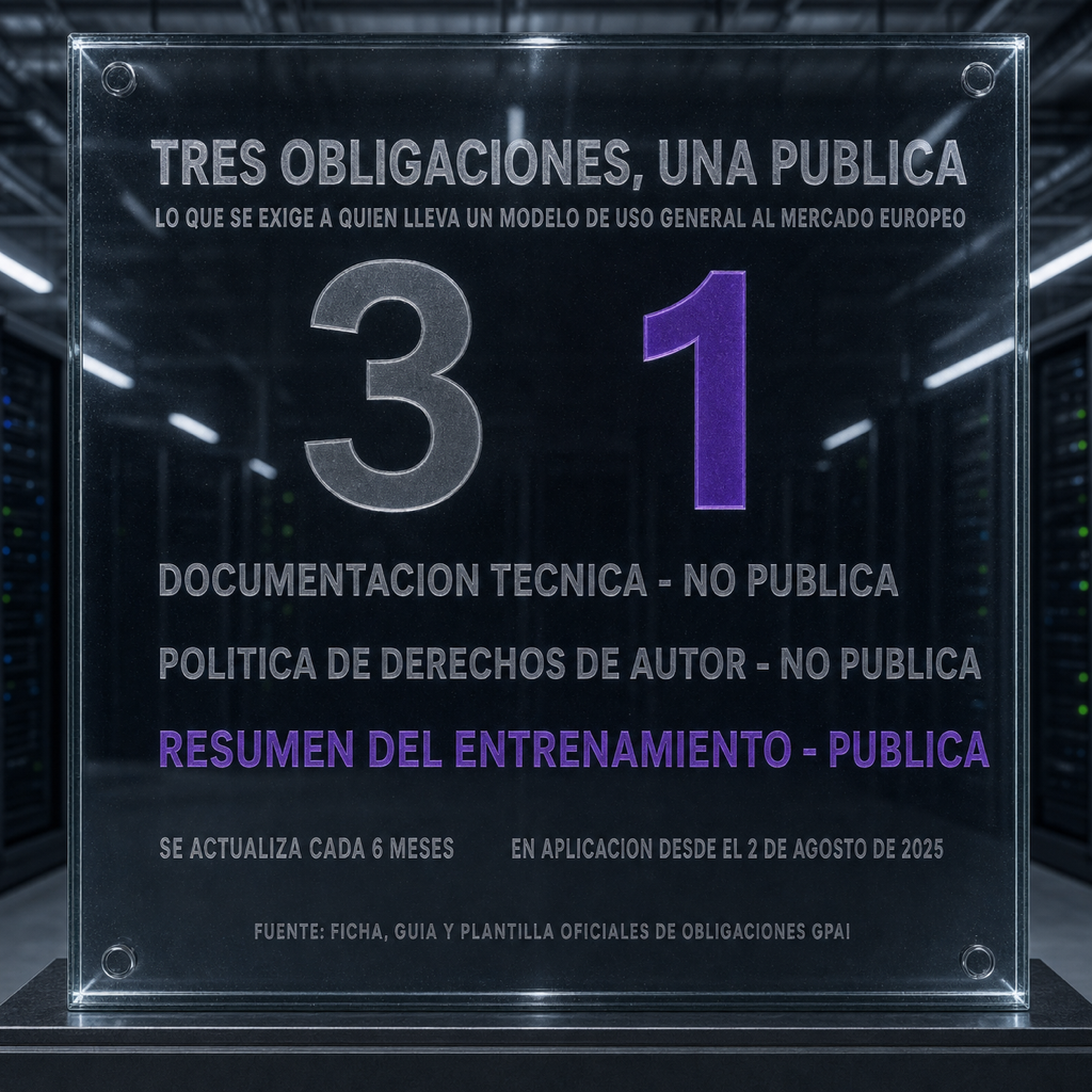 Infografía grabada en vidrio: tres obligaciones para quien lleva un modelo de uso general al mercado europeo y una sola pública. Documentación técnica, no pública. Política de derechos de autor, no pública. Resumen del entrenamiento, pública. Se actualiza cada 6 meses y está en aplicación desde el 2 de agosto de 2025.