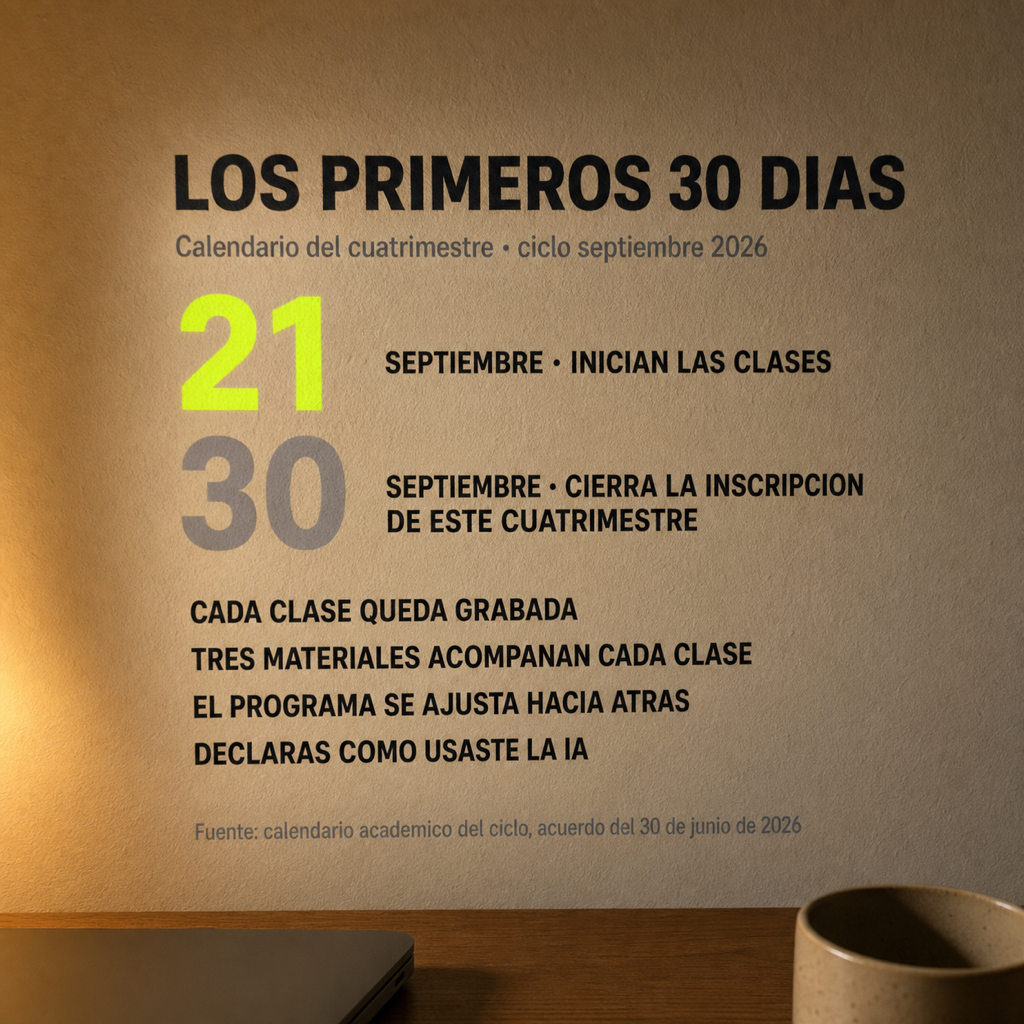 Calendario de los primeros 30 días del cuatrimestre. 21 de septiembre: inician las clases. 30 de septiembre: cierra la inscripción de este cuatrimestre. Cada clase queda grabada. Tres materiales acompañan cada clase. El programa se ajusta hacia atrás. Declaras cómo usaste la inteligencia artificial.