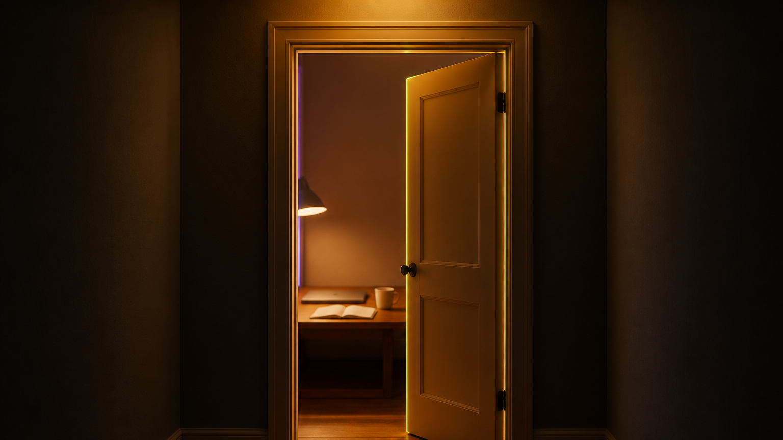 Puerta de una habitación entreabierta vista desde un pasillo en penumbra. Al fondo se distingue un escritorio de madera con una computadora portátil cerrada, una agenda de papel abierta y una taza. La lámpara del escritorio da a la escena una luz cálida.