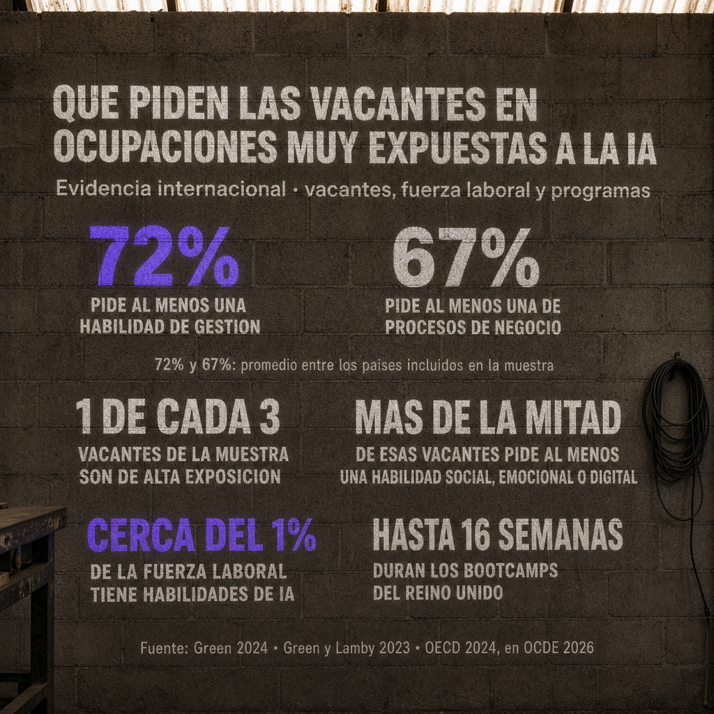 Datos proyectados sobre la pared de un taller: en las ocupaciones más expuestas a la IA, el 72% de las vacantes pide al menos una habilidad de gestión y el 67% al menos una de procesos de negocio, en promedio entre los países incluidos en la muestra; una de cada tres vacantes de esa muestra es de alta exposición; más de la mitad de esas vacantes pide al menos una habilidad social, emocional o digital; cerca del 1% de la fuerza laboral tiene habilidades de IA; y los bootcamps del Reino Unido duran hasta 16 semanas