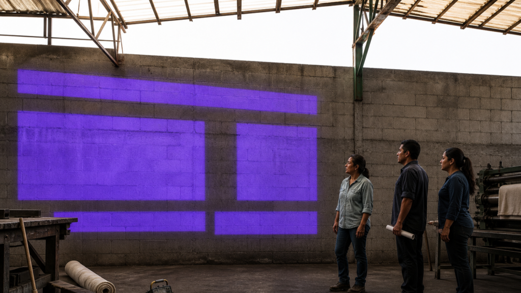 Tablero de decisiones proyectado sobre el muro de block de un taller del sureste mexicano a mediodía; la dueña y dos operarios lo miran de pie, pequeños frente al panel
