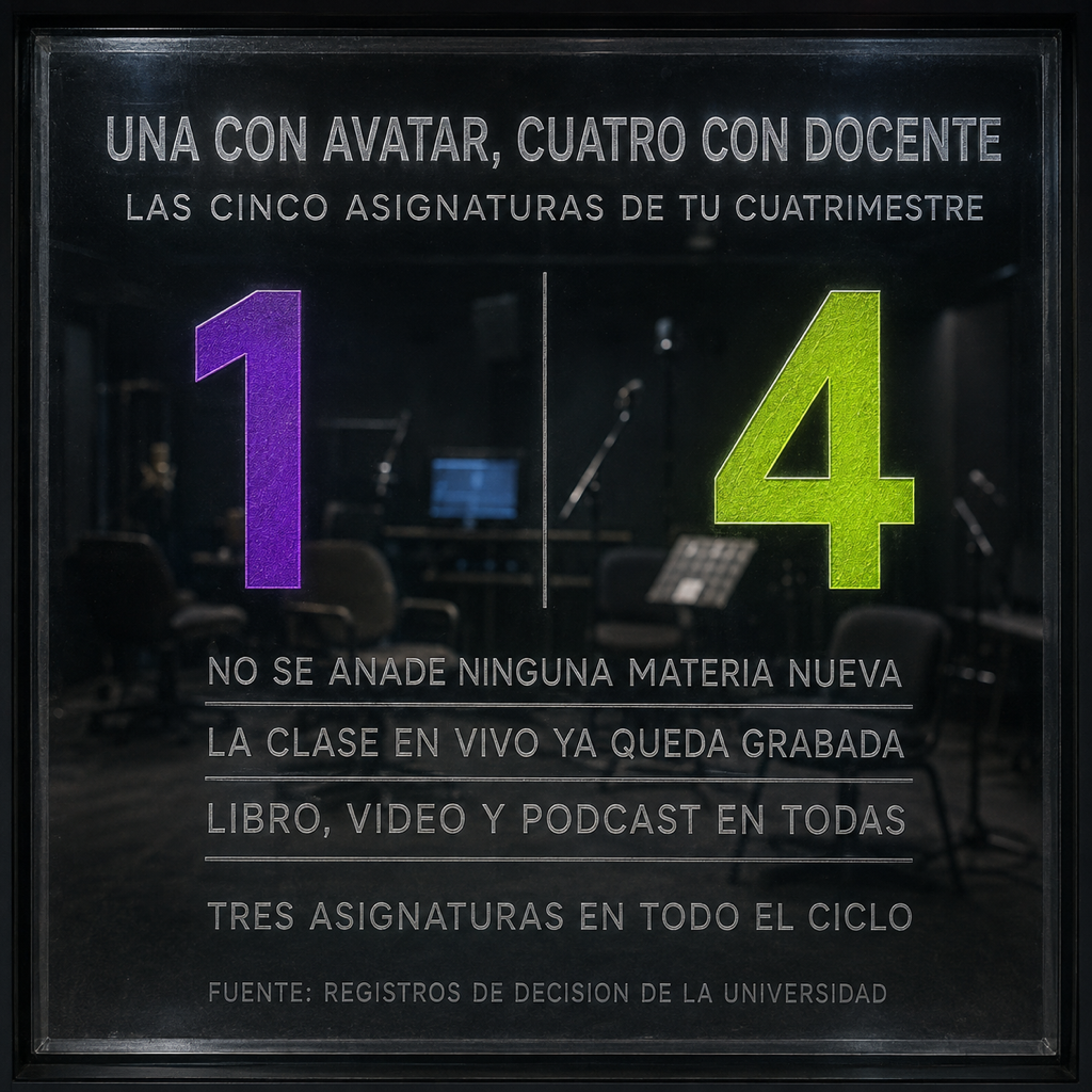 Datos grabados en el vidrio del estudio: de las cinco asignaturas del cuatrimestre, una la entrega un avatar y cuatro las imparte un docente. No se añade ninguna materia nueva, la clase en vivo ya queda grabada, y libro, video y podcast acompañan a todas. Tres asignaturas en todo el ciclo.