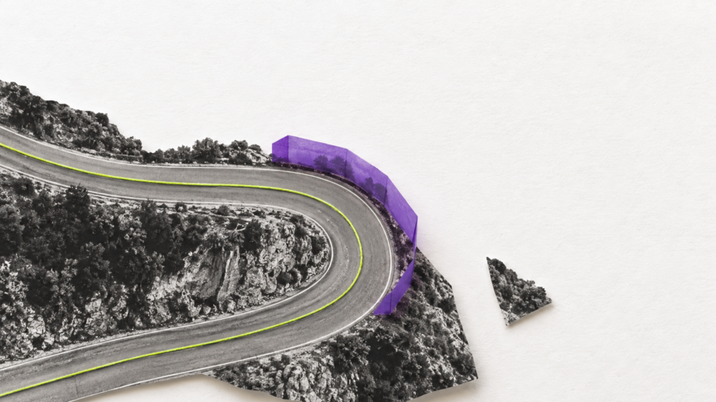 Una carretera de montaña en blanco y negro dobla bruscamente sobre un recorte de papel. Una tira morada se levanta junto a la curva como barandal y una línea verde sigue el camino, metáfora del apoyo que guía sin conducir por el estudiante.
