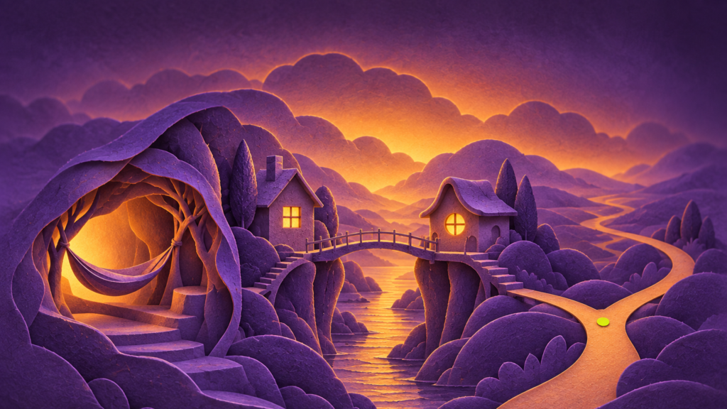 Un paisaje de papel morado reúne una hamaca vacía bajo un arco, dos casas diferentes unidas por un puente y un sendero que se bifurca hacia la luz ámbar. No hay meta ni contador; un pequeño punto verde aparece donde se separan los caminos de Wellness.
