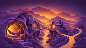 Un paisaje de papel morado reúne una hamaca vacía bajo un arco, dos casas diferentes unidas por un puente y un sendero que se bifurca hacia la luz ámbar. No hay meta ni contador; un pequeño punto verde aparece donde se separan los caminos de Wellness.