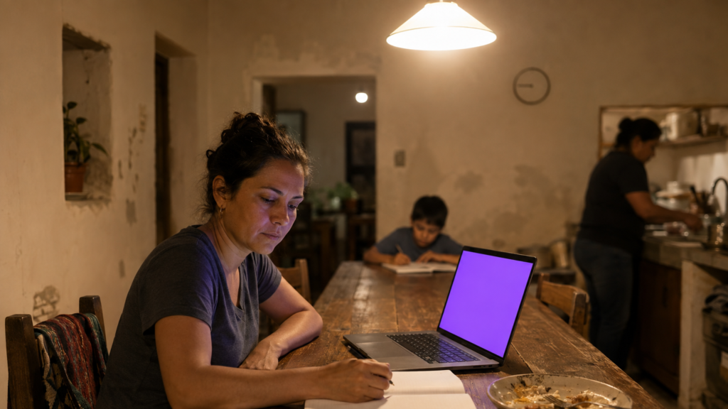 Una mujer estudia con la laptop abierta en la mesa del comedor de su casa a las nueve de la noche, de frente y con un plato a medio terminar a un lado; detrás y desenfocada, la vida de la casa sigue: alguien recoge platos y un niño escribe en el otro extremo de la mesa, bajo una lámpara colgante encendida