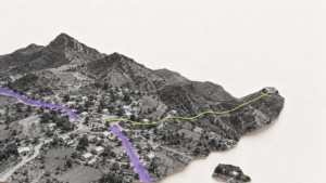 Un poblado disperso entre montañas aparece como recorte fotográfico en blanco y negro. Dos caminos llevan tiras moradas y un hilo verde recorre el terreno desde las casas agrupadas hasta una vivienda aislada, para mostrar el reto de hacer llegar la conexión más lejos.