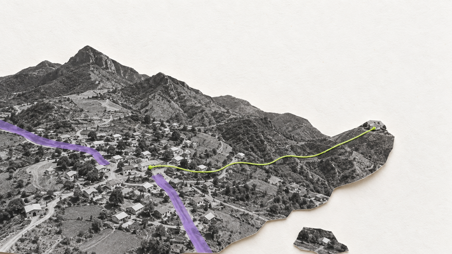 Un poblado disperso entre montañas aparece como recorte fotográfico en blanco y negro. Dos caminos llevan tiras moradas y un hilo verde recorre el terreno desde las casas agrupadas hasta una vivienda aislada, para mostrar el reto de hacer llegar la conexión más lejos.