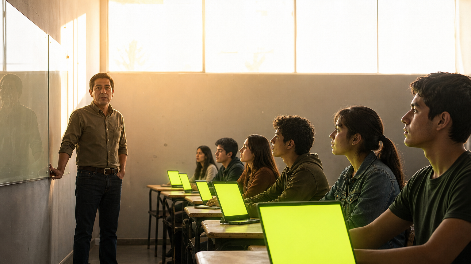 Docente frente a su grupo junto a un panel de vidrio en un aula de educación superior; la luz cálida de la ventana ilumina el frente y las pantallas encendidas de los alumnos son el único acento de color de la sala