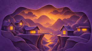 Diorama de papel morado con cinco casas bajas y distintas, cada una con una ventana encendida en ámbar. Entre las dos casas del centro, un puente fino de tablones con barandal sale de un lado y se detiene antes de llegar al otro: un vínculo que todavía se construye.