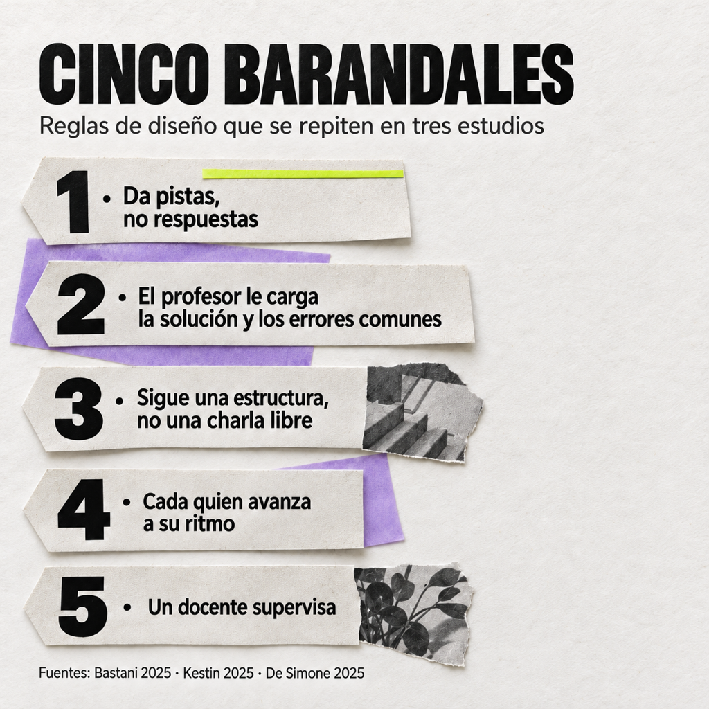 Cinco tiras de papel enumeran los barandales: 1 · Da pistas, no respuestas; 2 · El profesor le carga la solución y los errores comunes; 3 · Sigue una estructura, no una charla libre; 4 · Cada quien avanza a su ritmo; 5 · Un docente supervisa. Fuentes: Bastani 2025 · Kestin 2025 · De Simone 2025.