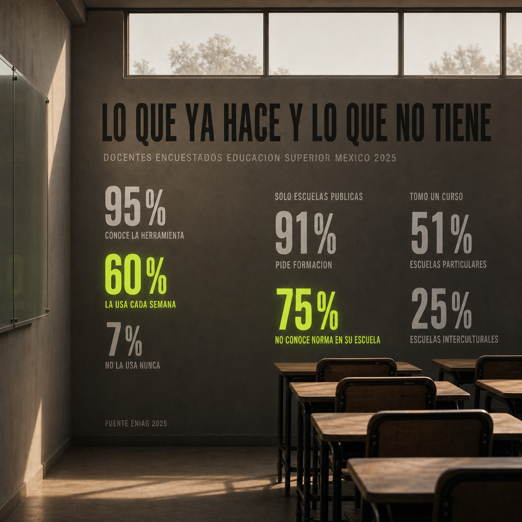 Datos de la encuesta nacional ENIAG 2025 proyectados sobre el muro de un aula: 95% de los docentes encuestados conoce la herramienta, 60% la usa cada semana y 7% no la usa nunca; en escuelas públicas, 91% pide formación y 75% no conoce norma en su escuela; tomó un curso el 51% en escuelas particulares y el 25% en interculturales