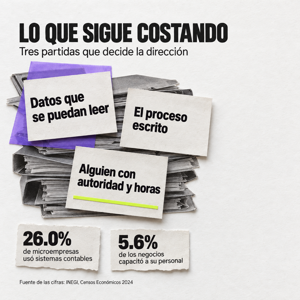 Tres tarjetas sobre carpetas dicen Datos que se puedan leer, El proceso escrito y Alguien con autoridad y horas. Debajo se lee 26.0% de microempresas usó sistemas contables y 5.6% de los negocios capacitó a su personal. Fuente de las cifras: INEGI, Censos Económicos 2024.