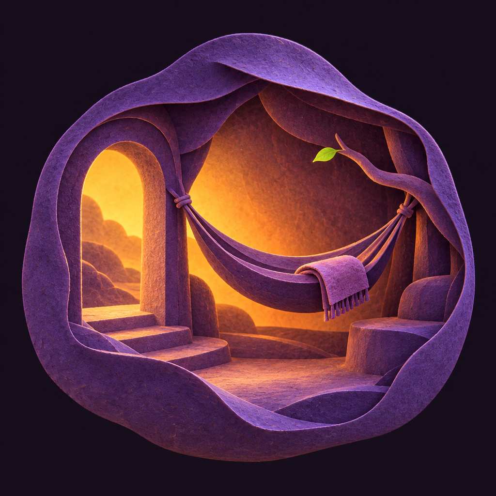 Una hamaca vacía cuelga bajo un arco abierto de papel morado, con una manta doblada sobre ella y luz ámbar detrás. La entrada queda libre y una pequeña hoja verde asoma en una rama, como invitación a volver a este espacio de Wellness.