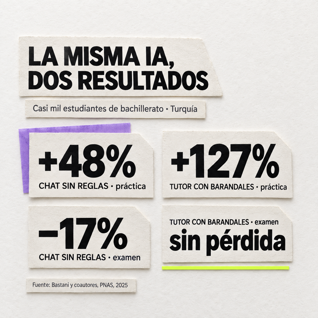 Cuatro tarjetas comparan la misma IA en casi mil estudiantes de bachillerato en Turquía: CHAT SIN REGLAS, práctica +48% y examen −17%; TUTOR CON BARANDALES, práctica +127% y examen sin pérdida. Fuente: Bastani y coautores, PNAS, 2025.