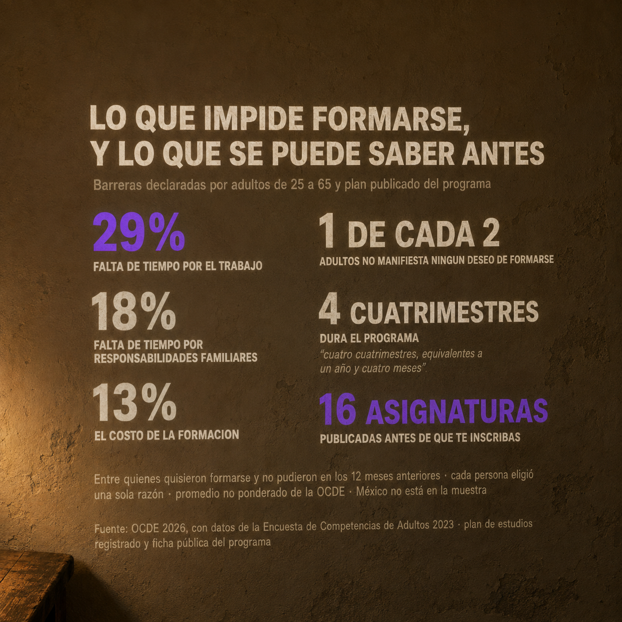 Datos proyectados sobre la pared del comedor: entre los adultos de 25 a 65 años que quisieron formarse y no pudieron en los 12 meses anteriores, y eligiendo cada uno una sola razón, el 29% cita la falta de tiempo por el trabajo, el 18% la falta de tiempo por responsabilidades familiares y el 13% el costo de la formación, en promedio no ponderado de los países de la OCDE que participaron en la encuesta y sin México en la muestra; uno de cada dos adultos no manifiesta ningún deseo de formarse; y el programa dura cuatro cuatrimestres, equivalentes a un año y cuatro meses, con dieciséis asignaturas publicadas antes de inscribirse