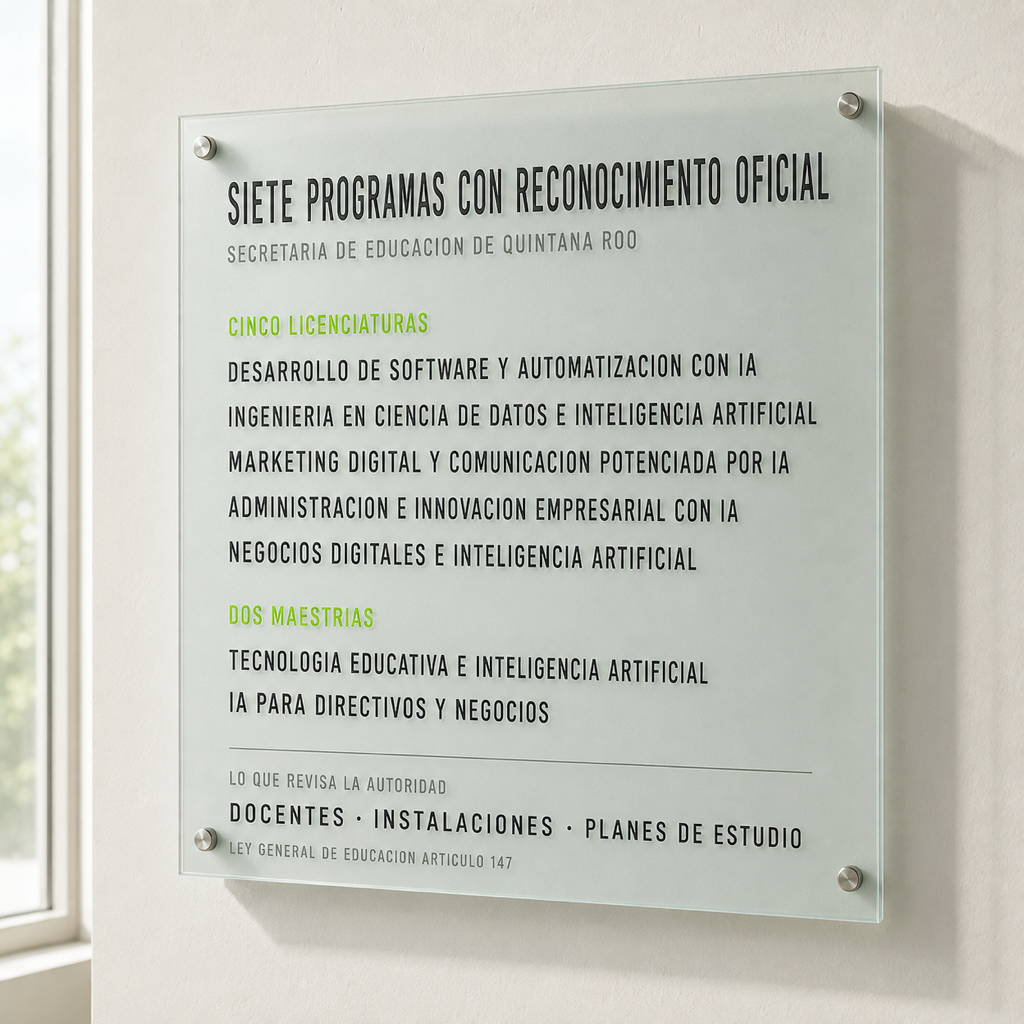 Panel de vidrio grabado con los siete programas de TecnIA que cuentan con reconocimiento oficial de la Secretaría de Educación de Quintana Roo: cinco licenciaturas, en desarrollo de software y automatización con IA, ingeniería en ciencia de datos e inteligencia artificial, marketing digital y comunicación potenciada por IA, administración e innovación empresarial con IA y negocios digitales e inteligencia artificial, y dos maestrías, en tecnología educativa e inteligencia artificial y en IA para directivos y negocios; al pie, lo que revisa la autoridad conforme al artículo 147 de la Ley General de Educación: docentes, instalaciones y planes de estudio