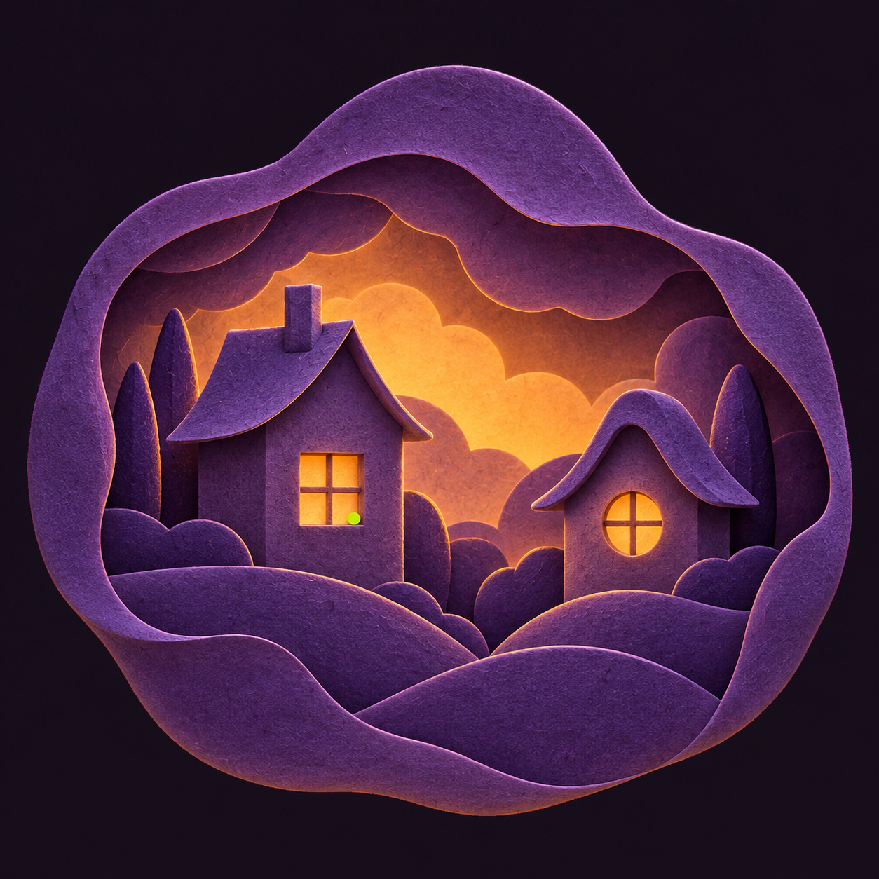 Dos casas distintas de papel morado, una con ventana cuadrada y otra con ventana redonda, brillan bajo una cubierta ondulada. Entre ellas queda un espacio sin conexión visible; un punto verde aparece en el alféizar de una ventana, antes de que se forme el vínculo.